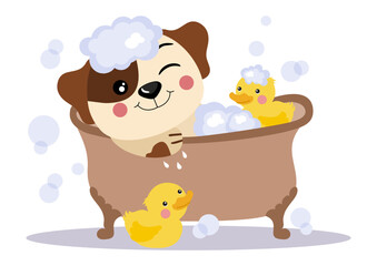 Cute puppy taking a bath