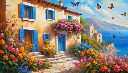 Fototapeta premium Abstract art house close up surrounded by flowers leaves and climbers all around with birds and butterflies flying around. Spring season. Oil painting