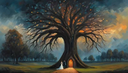 Fototapeten Abstract art oil painting of a sad wedding ceremony in the old chapel, Bride and groom under a tree © LilithArt