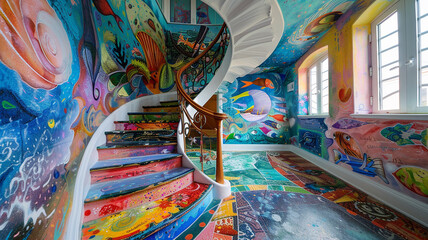 : A spiral staircase adorned with vibrant murals, reminiscent of a surrealist dreamscape.