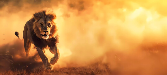 Lion running in the savannah at sunset. Generative ai design concept art. - obrazy, fototapety, plakaty