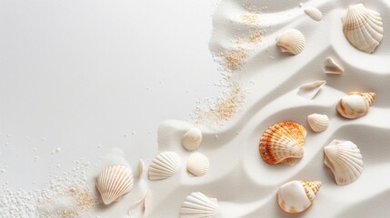 Fototapeta na wymiar Sea shells and sand on a white background. Summer beach background. Copy Space