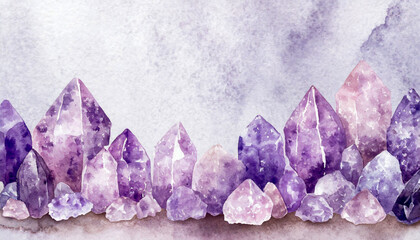 Amethyst cluster border on pastel purple background, watercolor illustration