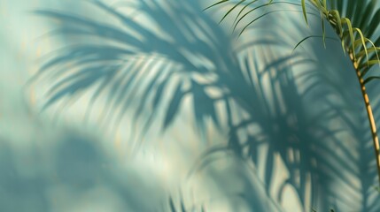Empty palm shadow on a blue color background. Summer tropical beach with minimal concept. Copy Space.