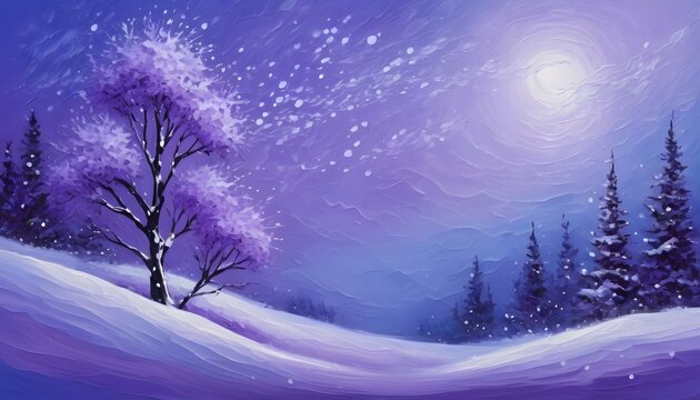 Abstract art purple landscape painting with snow and trees at night