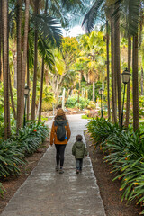 Fototapeta premium A mother with her son walking in a tropical botanical garden with many palm trees, family vacation concept