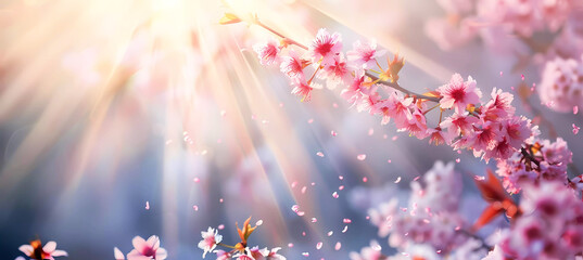 Sakura cherry blossom spring with sun rays background. Generative ai design concept art.