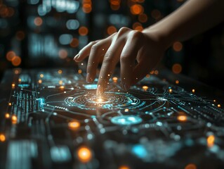 Naklejka premium AI research of robot and cyborg development for future of people living. Machine learning, Big data analysis