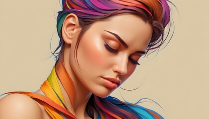 Abstract colorful woman face of depression, anxiety, tired, sadness or illness - obrazy, fototapety, plakaty