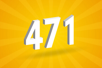 3D 471 number font alphabet. White 3D Number 471 with yellow background