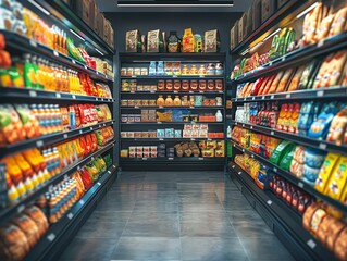 supermarket shelfs full of different products - 777081490