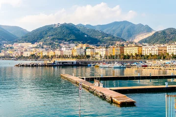 Foto op Canvas Sea view of the houses of Salerno and the marina for yachts and boats © Nataliya Schmidt