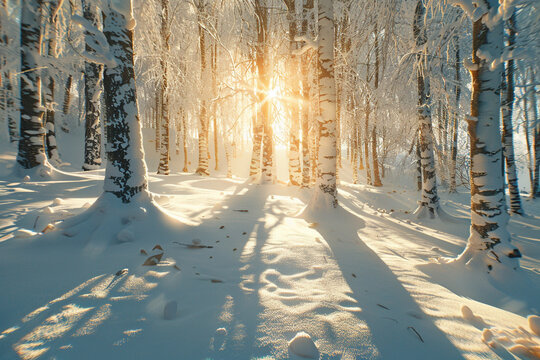 A captivating 4K image of a snow-covered forest, with sunlight filtering through the trees, casting enchanting shadows on the pristine white landscape.