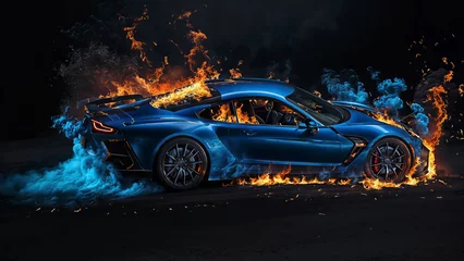 Stof per meter Blue car in flames and blue smoke © vvicca