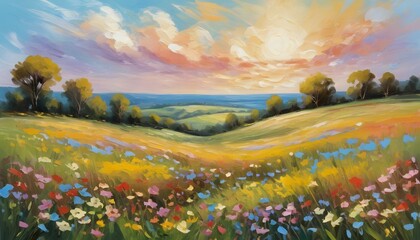 Abstract painting of colorful fields. Spring wildflower field. Warm tone landscape