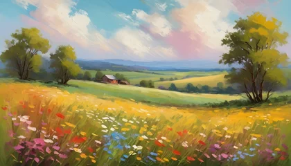 Tuinposter Abstract painting of colorful fields. Spring wildflower field. Warm tone landscape © LilithArt