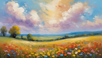 Abstract painting of colorful fields. Spring wildflower field. Warm tone landscape