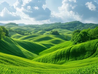 Green summer landscape scenic view, green fields and rolling hills landscape