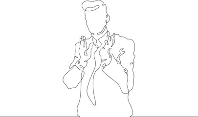 Fototapeta na wymiar A man in a business suit claps his hands. Businessman applauds. Ovation. One continuous line . Line art. Minimal single line.White background. One line drawing.