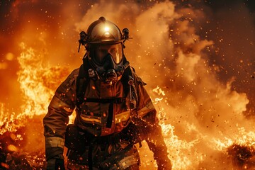 a firefighter in full gear battling a raging fire surrounded by billowing smoke and intense flames during the night with the glow of the fire illuminating the scene - obrazy, fototapety, plakaty