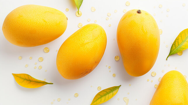 Ripe yellow mangoes on a white surface with green leaves