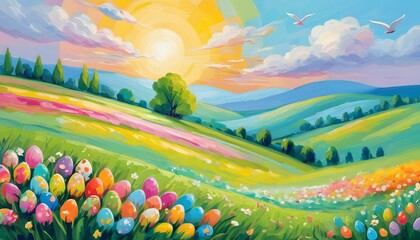 Idyllic spring landscape with soft pastel colors, Easter Eggs and hills nestled among a field of vibrant spring flowers, spring season, oil painting
