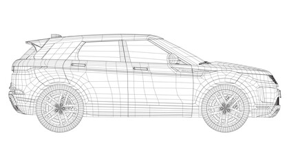 Modern SUV car wireframe. Side view of contour crossover vehicle isolated on white background. Vector car template for branding, advertisement, logo placement. Classic luxury suv car. - obrazy, fototapety, plakaty