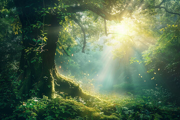 A captivating 4K photograph of a tranquil forest glade, with sunlight streaming through the canopy, illuminating the lush green foliage and moss-covered ground.