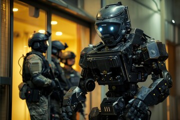 a humanoid police robot is assisting a police SWAT team in breaching a door
