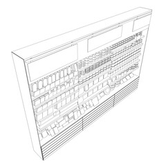 Outline Supermarket store interior with goods. Contour Grocery supermarket and store with shelves and products. Vector illustration.