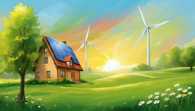 Painting art of a modern house located on a meadow surrounded by symbols of green energy. Solar panels and wind turbines showcasing an eco-friendly living environment. Spring and sustainable energy