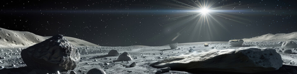 Artists depiction of the rugged, cratered surface of the moon, showcasing its barren landscape and unique geological features