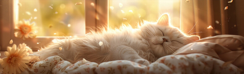 White cat is laying comfortably on top of a bed next to a window, basking in the warmth of the sunlight coming through - obrazy, fototapety, plakaty