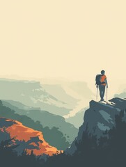 Fototapeta premium Minimalist illustration depicting a solo backpacker overlooking a vast landscape