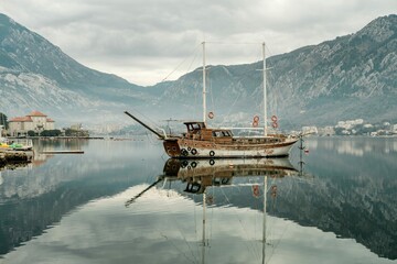 Ancient Ship Adriatic Sea Gulf With Mountains Montenegro Kotor