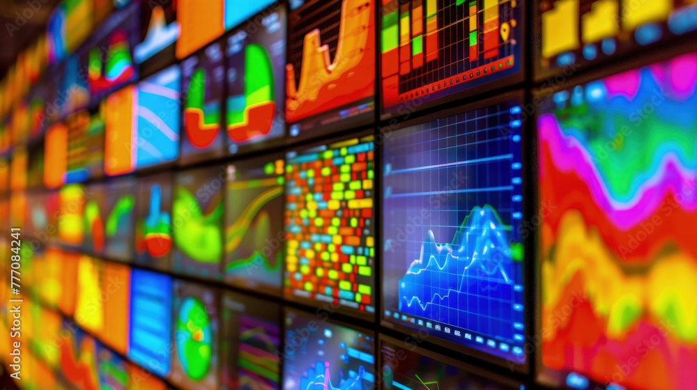 Aufkleber a wall of monitors showing a vibrant array of live stock market charts and trading data