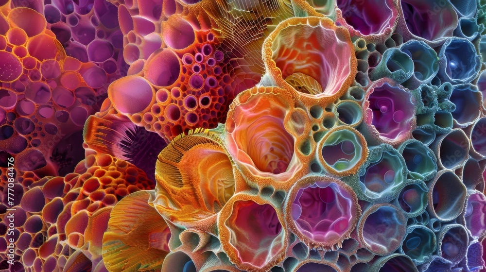 Poster a highly magnified abstract image of the inner structure of a spore revealing a mesmerizing array of