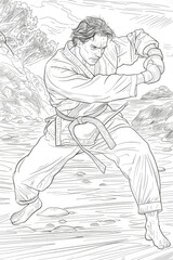 A detailed drawing of a man in a dynamic karate stance, showcasing his martial arts skills