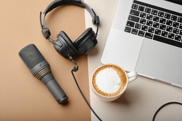 Flat Lay Composition With Microphone Podcasts Black Studio Headphones Brown Background With Coffee Laptop Learning Online Education Conceptxa