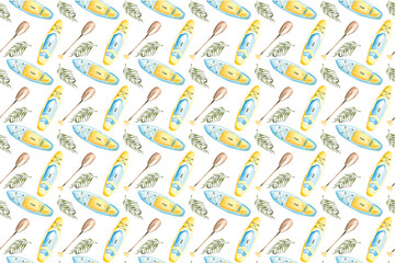 Fototapeta na wymiar Summer fun. Seamless summer pattern with inflatable surfboards in blue, yellow and brown colors. with a paddle on a white background. Hand-drawn watercolor illustration for design of notebooks