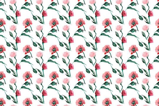 Poppy field. Pattern simple seamless field of red poppy flowers on long green stems with green leaves on a white background.hand drawn watercolor illustration for fabric design, wrapping paper