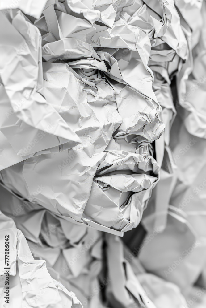Poster a black and white composition showing a womans face intricately crafted from crumpled paper, creatin