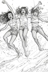 Fototapeta premium Three young girls are joyfully jumping in the air on a sandy beach, enjoying a carefree moment under the bright sun