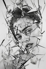 A black and white portrait showing a womans face visible through shattered glass pieces