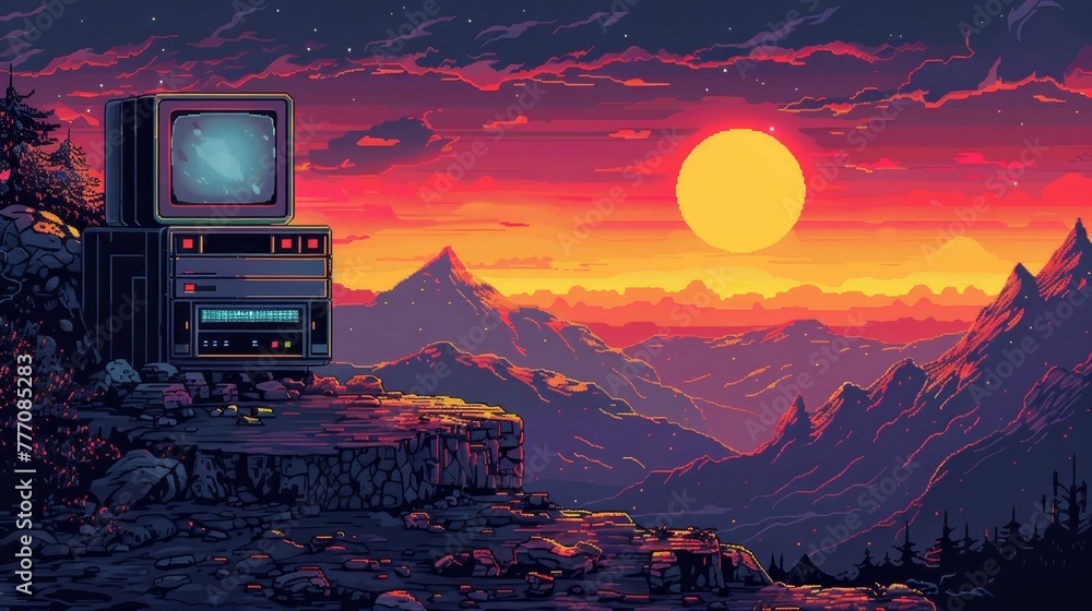 Aufkleber a computer generated image of a mountain range with a television set on a rock. the sun is setting i
