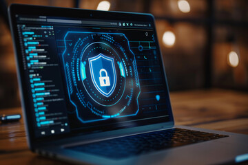 A laptop screen showing a shield icon with a padlock, cybersecurity concept - obrazy, fototapety, plakaty