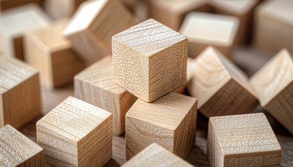 Abstract arrangement of 3d wooden cubes with rustic texture for a distinctive background setting - obrazy, fototapety, plakaty