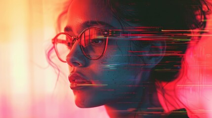 A woman with red glasses looking at the camera. The image is a digital art piece with a futuristic and abstract feel