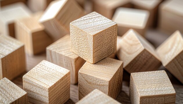 Fototapeta Abstract arrangement of 3d wooden cubes with rustic texture for a distinctive background setting