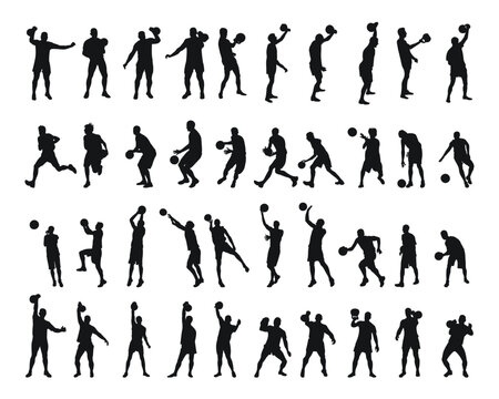 Silhouettes of basketball players, weight lifters in training, isolated vector